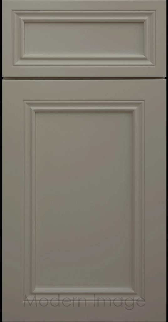 Close-up of Corona cabinets in Wind matte with mitered molding and flat center panel.